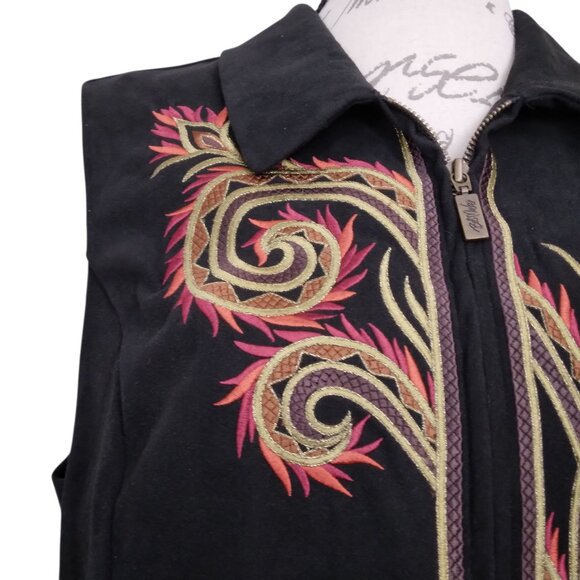 Bob Mackie | Black Faux Suede Embroidered Vest Front Zip | Size L - Picture 2 of 8